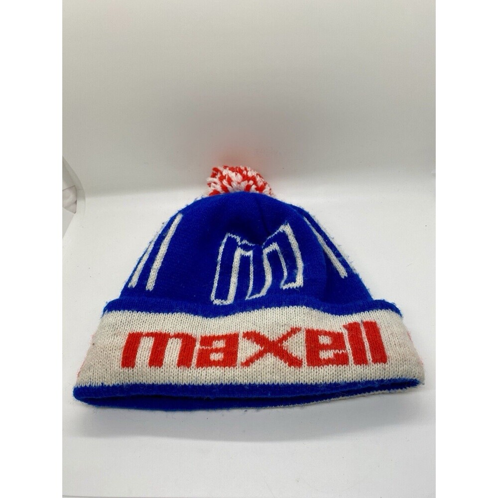 Vintage 80's Maxell Men’s Knit Beanie Red, White & Blue Ski Pom Pom Winter Hat